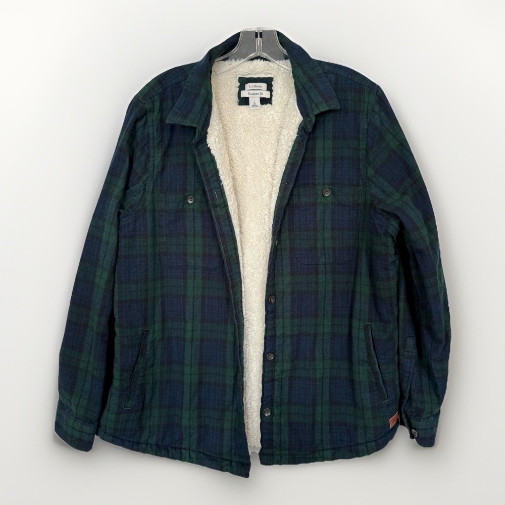 LL Bean Womens Scotch Plaid Flannel Shirt Jacket Large Black Watch Sherpa Lined